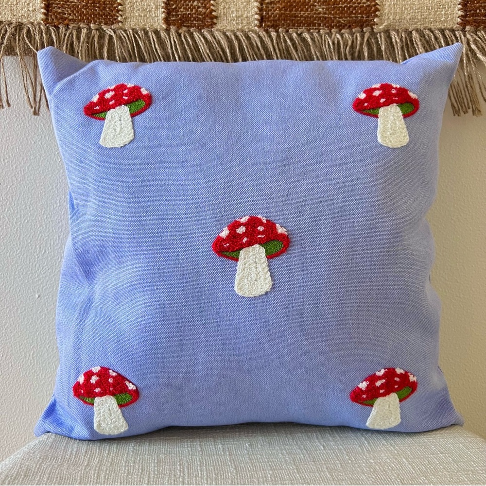 Mushroom Embroidered Throw Accent Pillow Periwinkle 16”x16” - - Picture 4 of 4